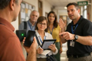 Demostracion de acceso movil en pasillo universitario con profesor usando smartphone — empresa de control de acceso en valencia