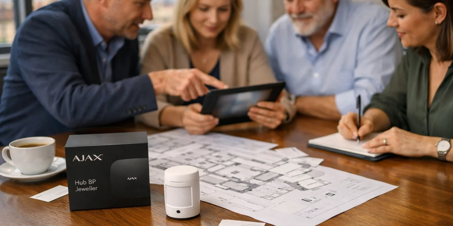 directiva evaluando Ajax Hub BP Jeweller en valencia en sala de reuniones con tabletas