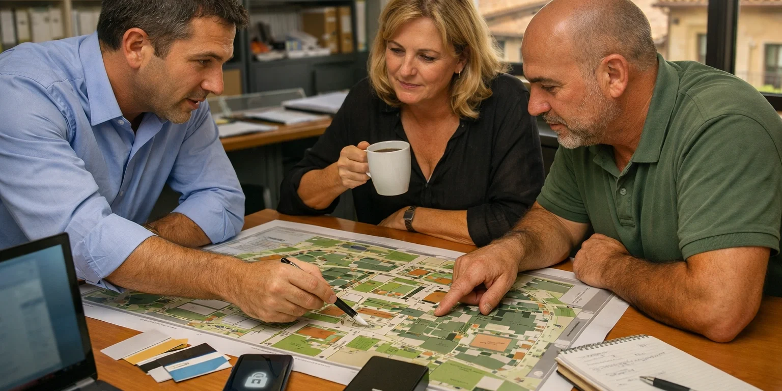 Consultor y directivos planificando sistema de acceso en colegio, mesa con planos y muestras — empresa de control de acceso en valencia
