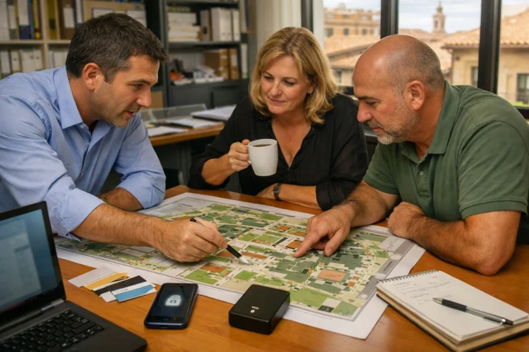 Consultor y directivos planificando sistema de acceso en colegio, mesa con planos y muestras — empresa de control de acceso en valencia