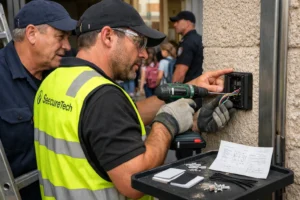 Tecnico instalando un lector de tarjetas en entrada escolar, herramientas y supervisor presente — empresa de control de acceso en valencia