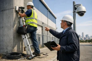 tecnico instalando sensor perimetral con supervisor y camara Ajax Hub BP Jeweller en valencia en nave exterior