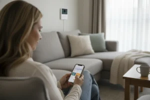 Mujer comprobando sistema de alarmas en Valencia desde app del móvil en su salón