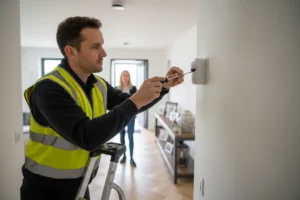 Técnico instalando sistema de alarmas en Valencia en vivienda con detector de movimiento