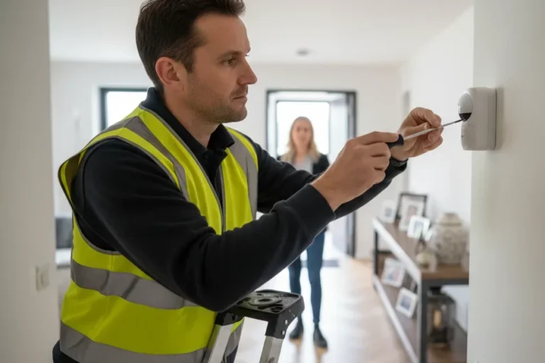Técnico instalando sistema de alarmas en Valencia en vivienda con detector de movimiento