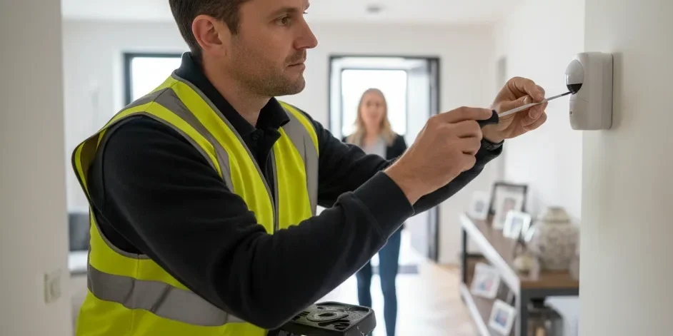 Técnico instalando sistema de alarmas en Valencia en vivienda con detector de movimiento