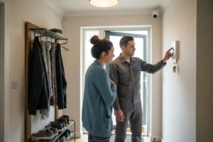 Técnico explicando sistema de alarmas en Valencia a propietarios en su vivienda